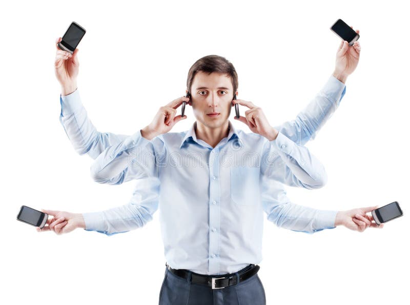 Young businessman with six hands and with phone