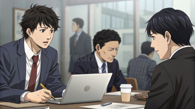 Young businessman in a stylish suit presents her graph results in front of the class. Anime style cartoon royalty free illustration