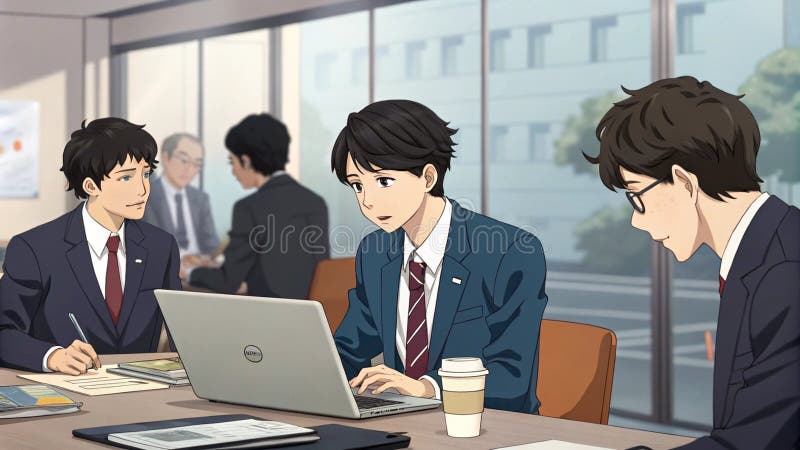 Young businessman in a stylish suit presents her graph results in front of the class. Anime style cartoon vector illustration