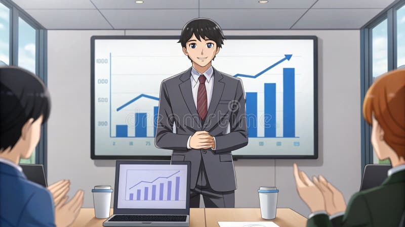 Young businessman in a stylish suit presents her graph results in front of the class. Anime style cartoon stock illustration