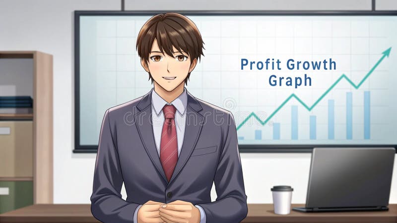 Young businessman in a stylish suit presents her graph results in front of the class. Anime style cartoon stock illustration