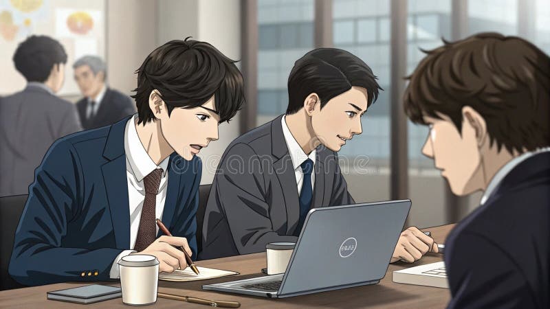 Young businessman in a stylish suit presents her graph results in front of the class. Anime style cartoon royalty free illustration