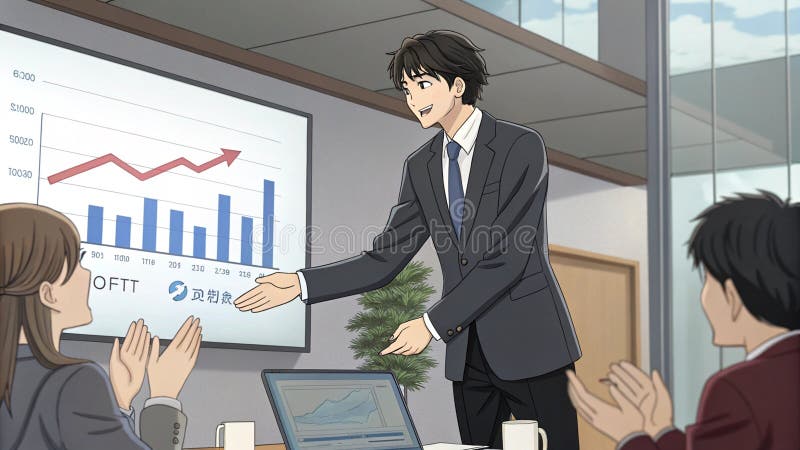 Young businessman in a stylish suit presents her graph results in front of the class. Anime style cartoon stock illustration