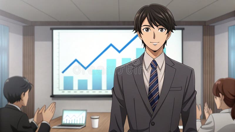 Young businessman in a stylish suit presents her graph results in front of the class. Anime style cartoon vector illustration