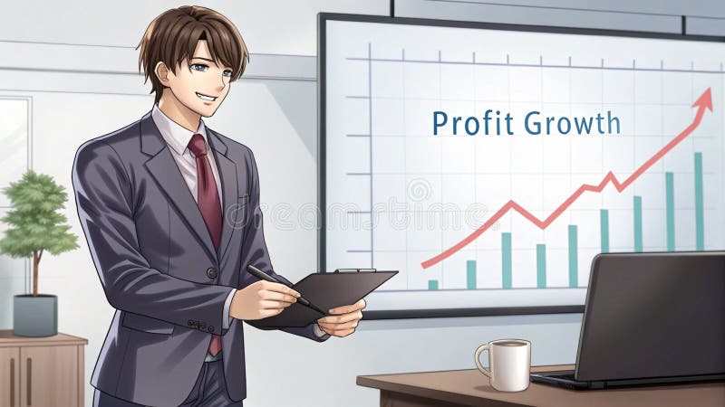 Young businessman in a stylish suit presents her graph results in front of the class. Anime style cartoon stock illustration