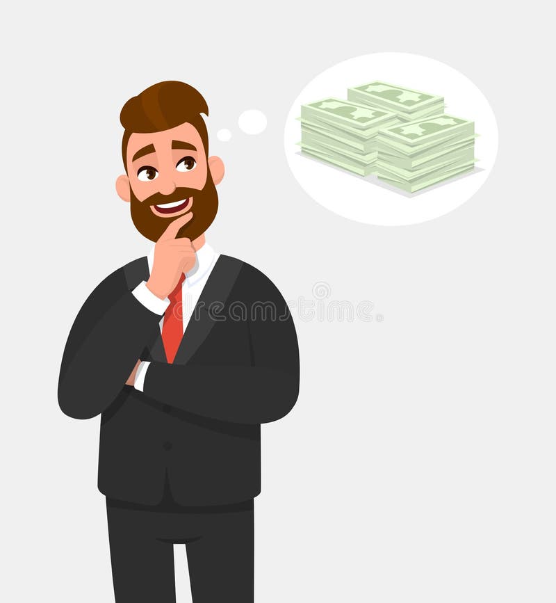 Young businessman thinking and holding finger on face, looking up. Cash, money, currency notes in the thought bubble. stock illustration Young businessman thinking and holding finger on face, looking up. Cash, money, currency notes in the thought bubble. stock illustration