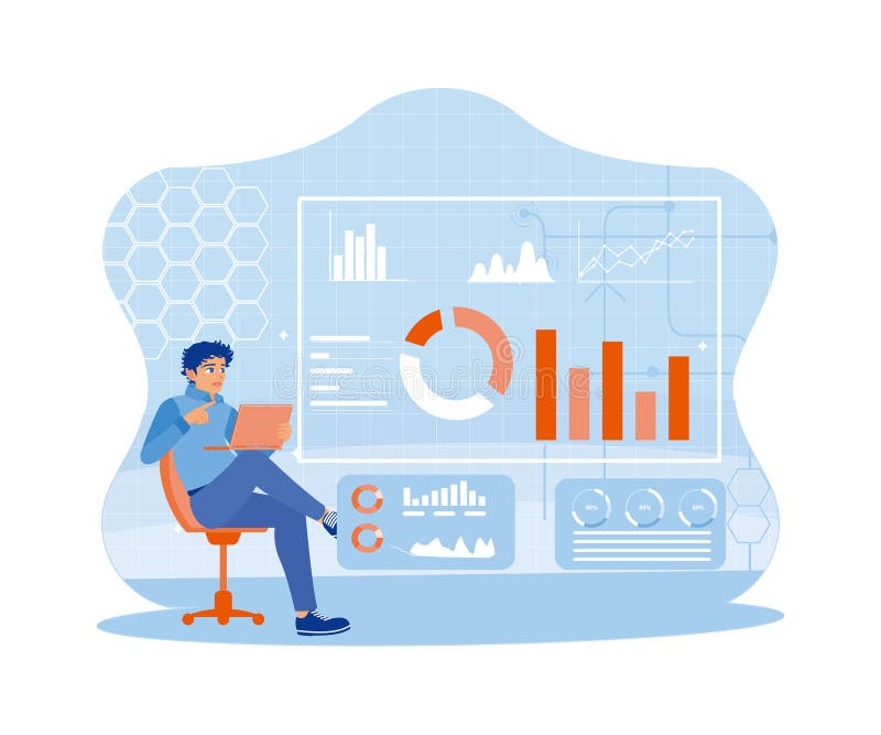 Young businessman using a laptop to analyze financial charts and plan business marketing. royalty free illustration