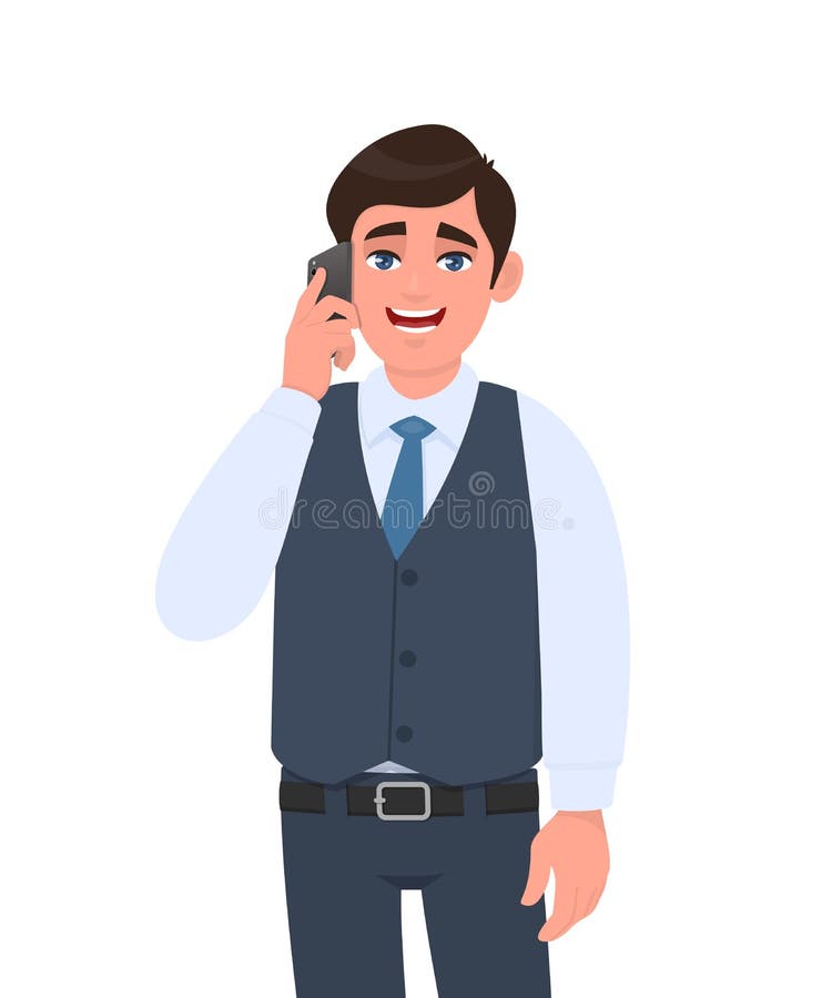 Young businessman in waistcoat speaking on the phone. Trendy person calling to mobile. Male character talking over cellphone.