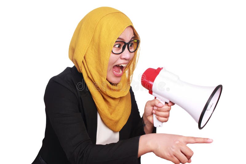 Young Asian businesswoman wearing suit and hijab screaming with an angry expression. Isolated on white. Close up body portrait. Young Asian businesswoman wearing suit and hijab screaming with an angry expression. Isolated on white. Close up body portrait