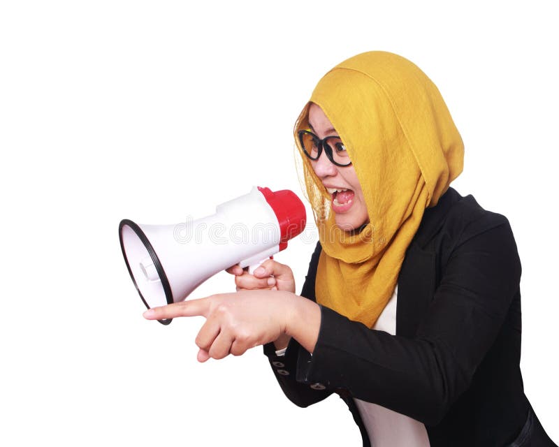 Young Asian businesswoman wearing suit and hijab screaming with an angry expression. Isolated on white. Close up body portrait. Young Asian businesswoman wearing suit and hijab screaming with an angry expression. Isolated on white. Close up body portrait