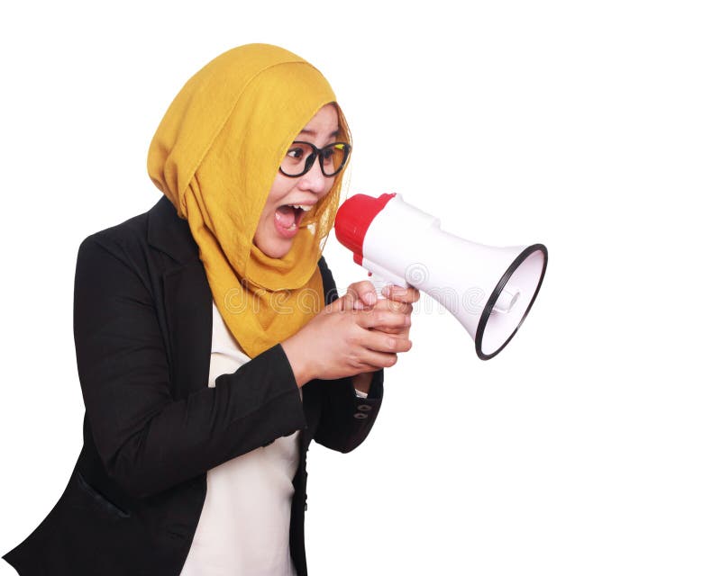 Young Asian businesswoman wearing suit and hijab screaming with an angry expression. Isolated on white. Close up body portrait. Young Asian businesswoman wearing suit and hijab screaming with an angry expression. Isolated on white. Close up body portrait