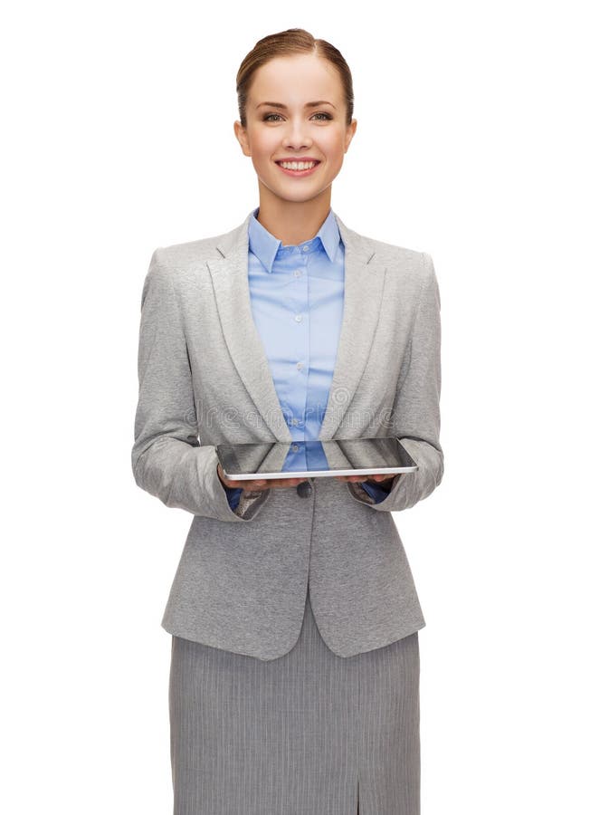 Young businesswoman with blank tablet pc screen. Business, technology, internet and education concept - friendly young smiling businesswoman with blank tablet royalty free stock photography Young businesswoman with blank tablet pc screen. Business, technology, internet and education concept - friendly young smiling businesswoman with blank tablet royalty free stock photography