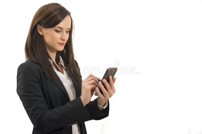 Young businesswoman look at cellphone isolated