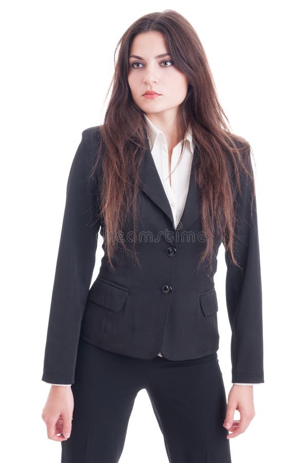 Young Business Woman Touching Virtual Screen on White Stock Photo ...