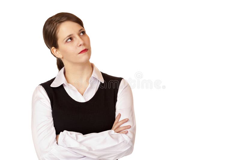 Young businesswoman looks up into the corner