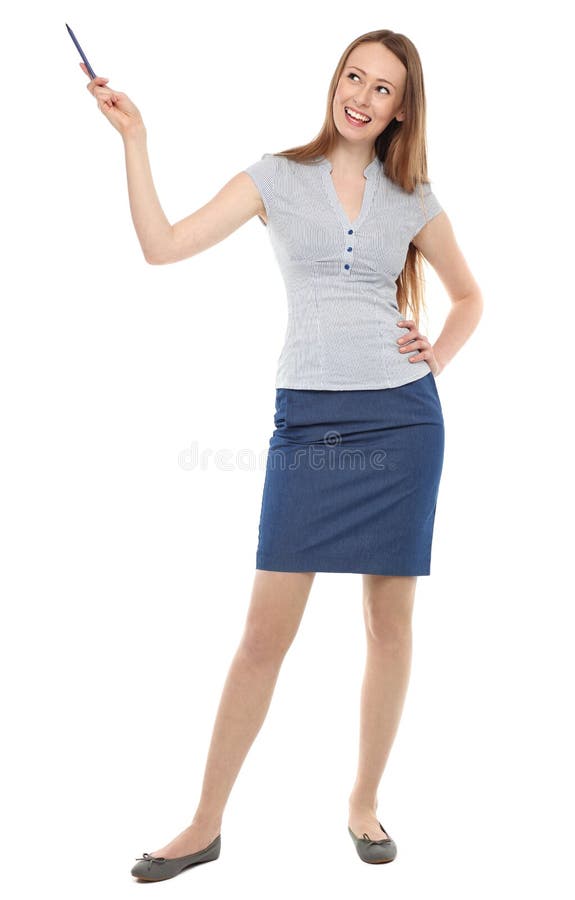 Young businesswoman pointing up royalty free stock photography