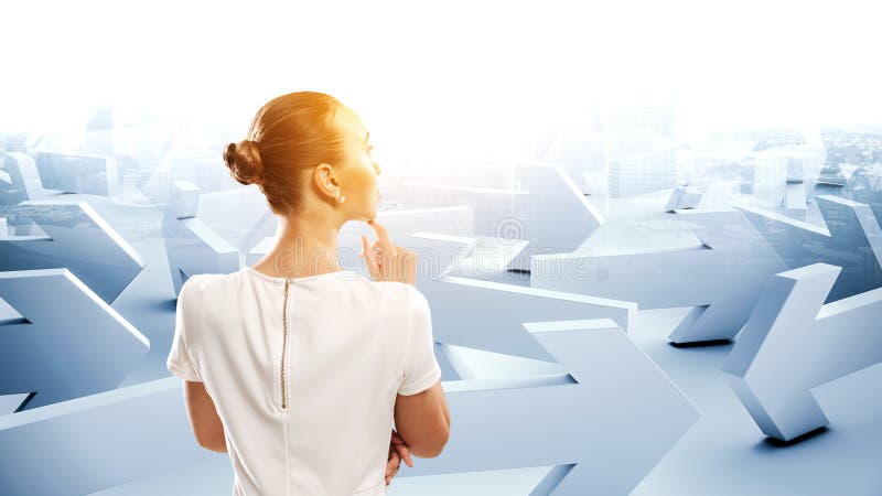 Young businesswoman portrait, thinking face expression. Mixed media. Mixed media royalty free stock image