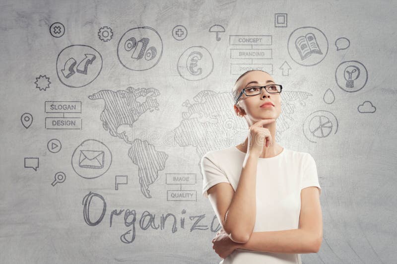 Young businesswoman portrait, thinking face expression stock image
