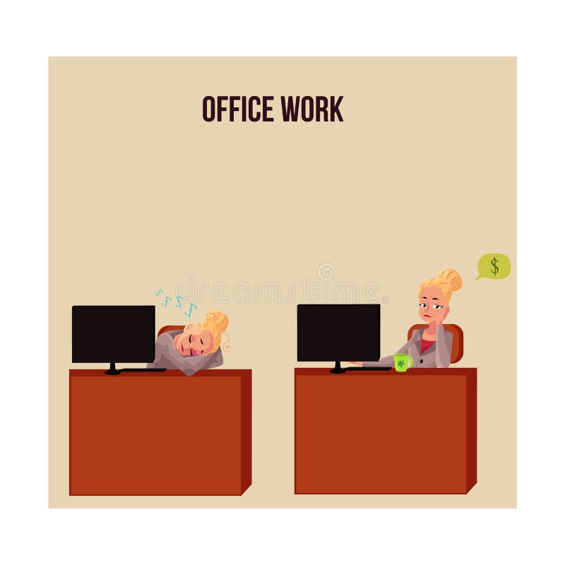Young businesswoman, secretary snoozing at office desk, thinking of money vector illustration