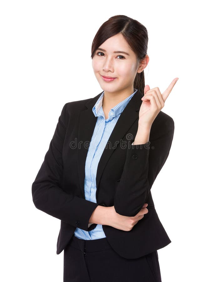 Young businesswoman showing finger up