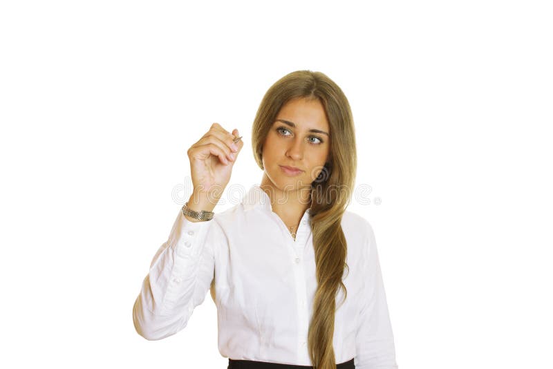 Young businesswoman writing with pen