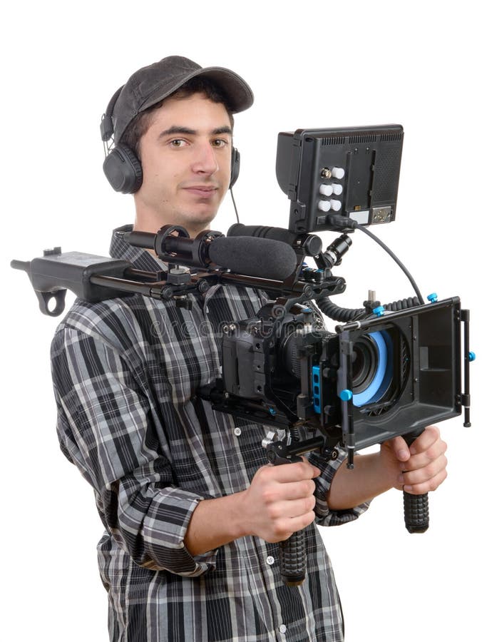 Cameraman with Professional Camcorder on White Background Stock Photo