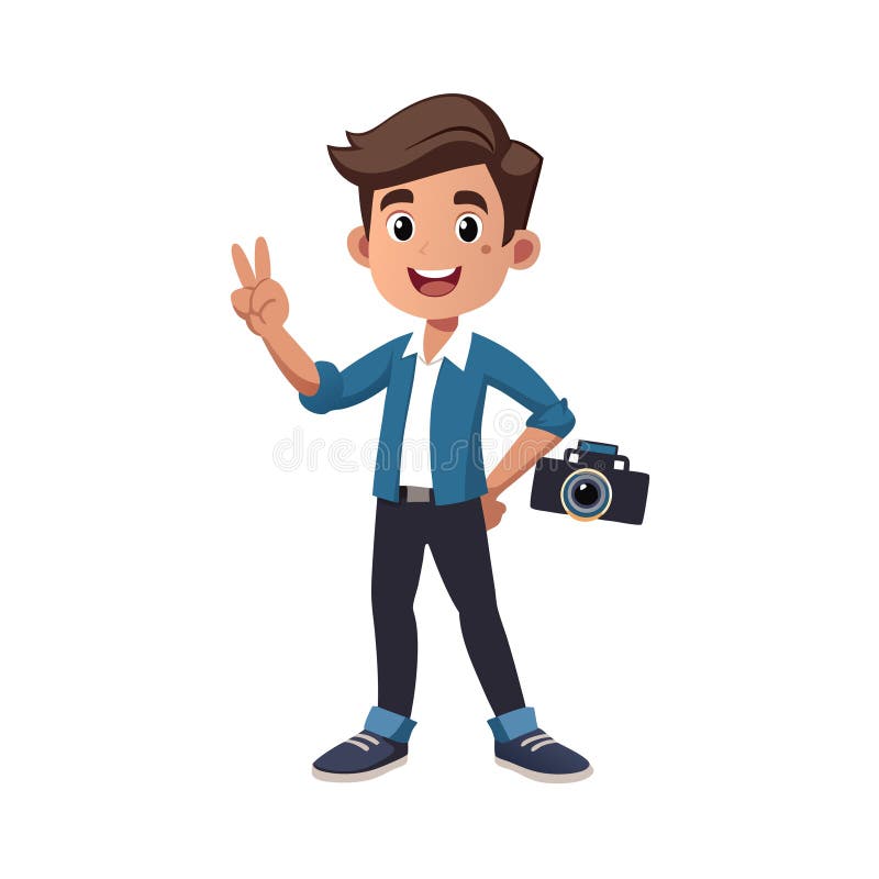 Cartoon Photographer Boy with Camera Making Peace Sign, Isolated Vector Illustration royalty free illustration