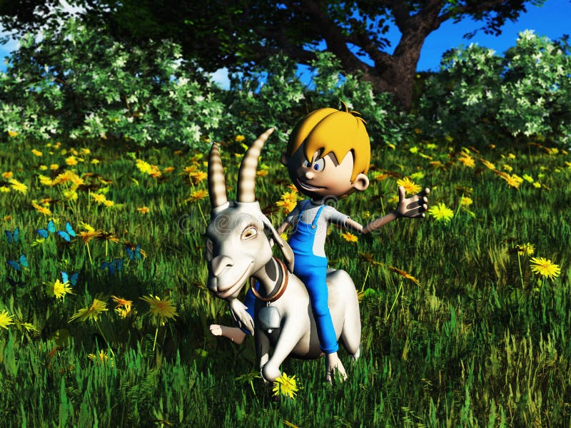 Young Cartoon Boy Riding Pet Goat. Stock Illustration Illustration of