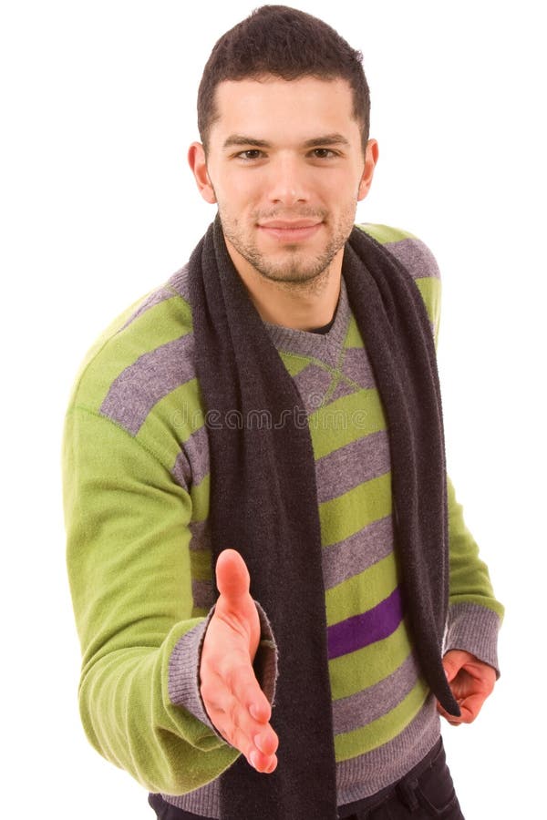 Young casual man offering to shake the hand