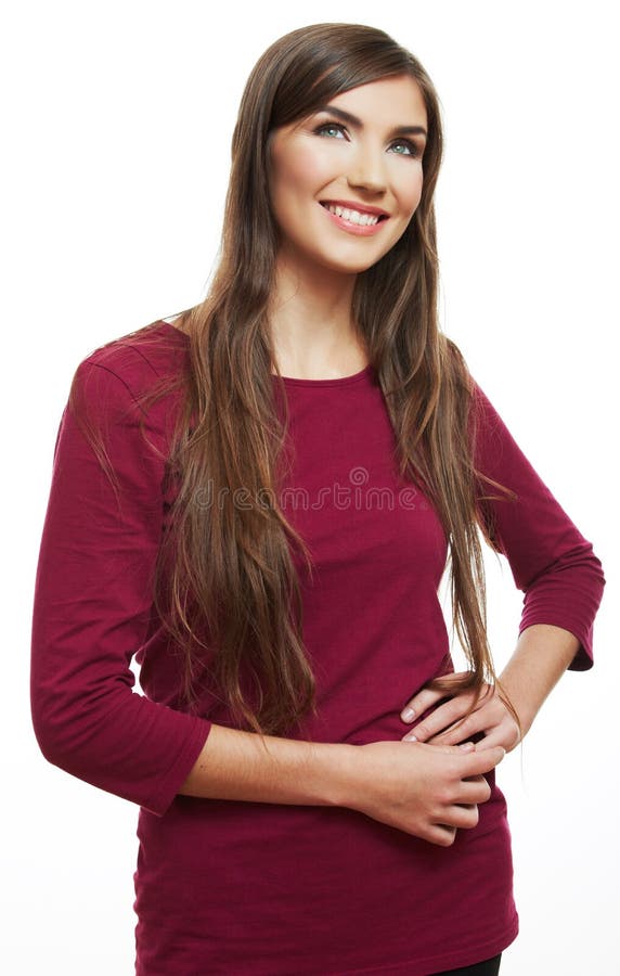 Young casual woman style isolated over white backg. Round. studio portrait female model. Beautiful smiling happy girl royalty free stock photos Young casual woman style isolated over white backg. Round. studio portrait female model. Beautiful smiling happy girl royalty free stock photos