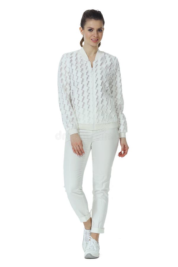 Young caucasian business woman executive posing in casual white clothes jacket and trousers high heels stiletto shoes royalty free stock photography Young caucasian business woman executive posing in casual white clothes jacket and trousers high heels stiletto shoes royalty free stock photography