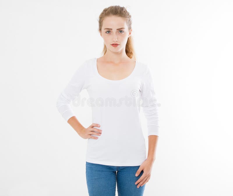 Young Caucasian, Europian Woman, Girl in Blank White T-shirt. T Shirt ...