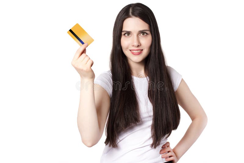 Black haired young woman with a credit card