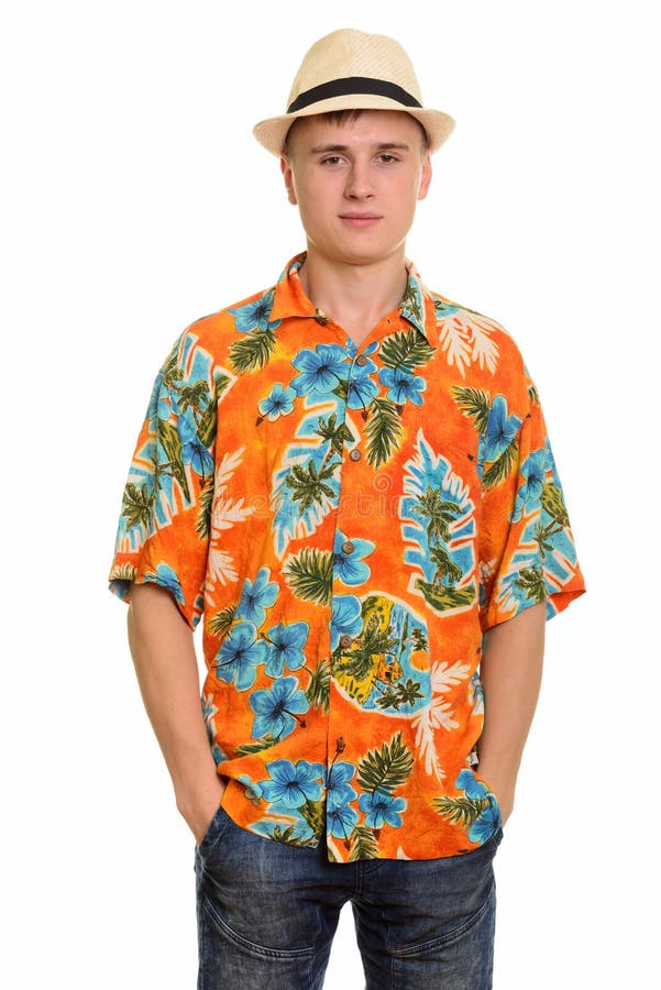 Young Caucasian Tourist Man With Hawaiian Shirt And Hat Ready For ...