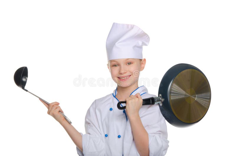 Young chef with a ladle and pan royalty free stock photos Young chef with a ladle and pan royalty free stock photos