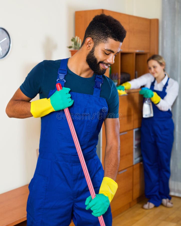 Young Cleaners Cleaning and Dusting in House Stock Photo Image of