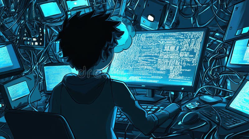 Young coder immersed in multiple screens while programming in a dimly lit room filled with computer equipment royalty free illustration