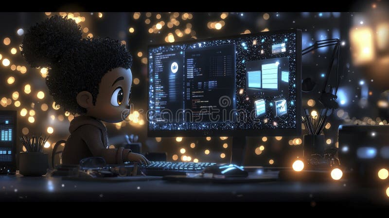 Young coder programming in a cozy room digital art nighttime focused mindset tech inspiration royalty free illustration