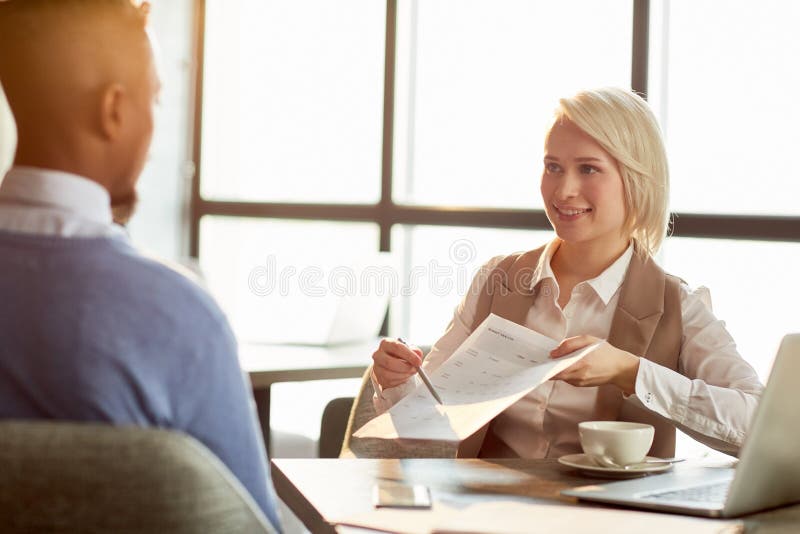 Discussing statistics stock photo