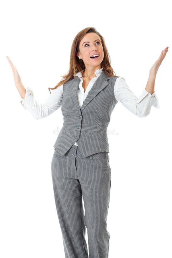 Young confident businesswoman, arms rised