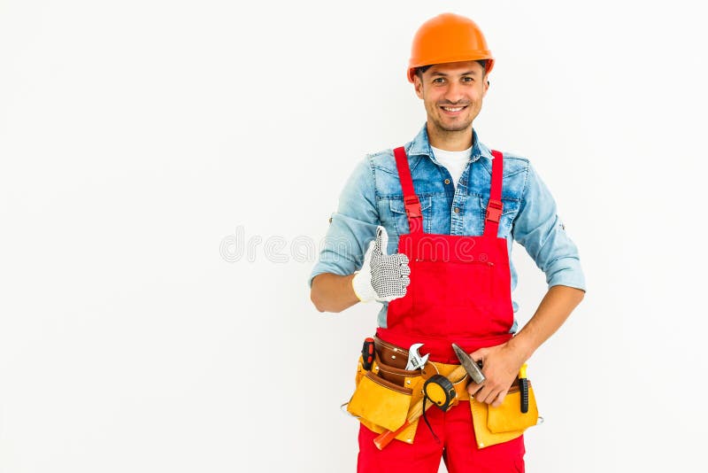 Young Construction Workers with Hard Hats on a White Background Stock