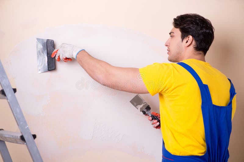 The Young Contractor Employee Applying Plaster on Wall Stock Photo Image of improvement
