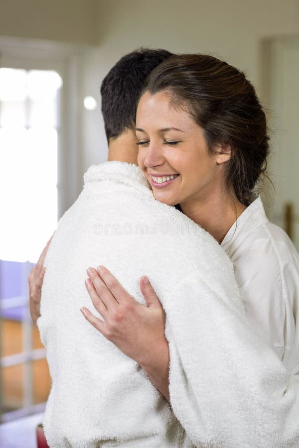 Young Couple in Bathrobe Cuddling Each Other Stock Photo Image of