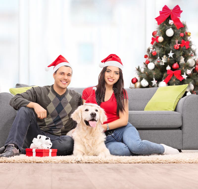 Young Couple Celebrating Christmas with Their Dog Stock Photo - Image