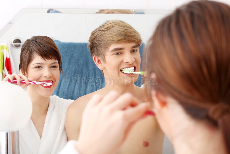 Young Couple Cleaning Teeth Stock Image Image of lifestyle, lover