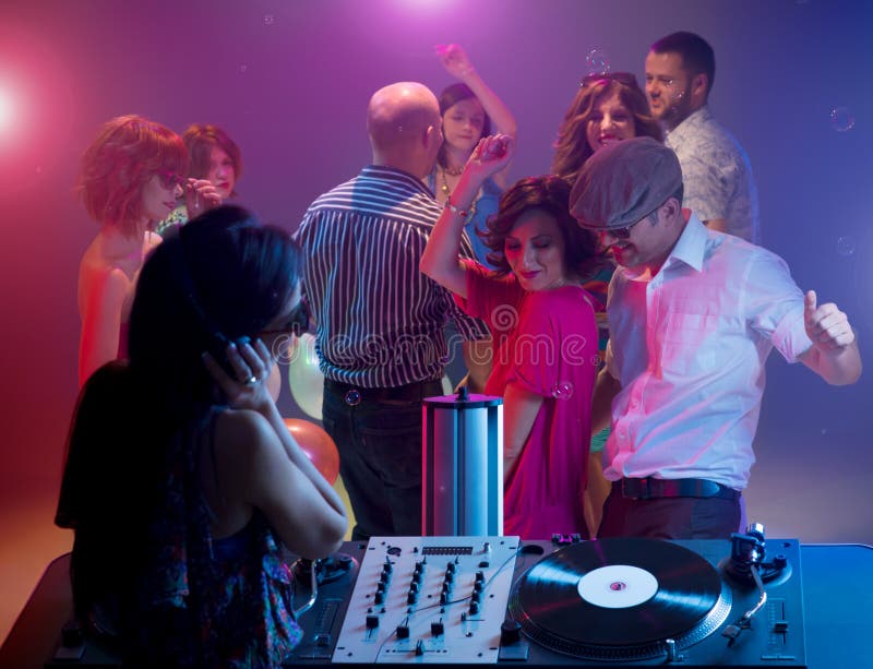 Young Couple Dancing at Party with Female Dj Stock Image - Image of ...