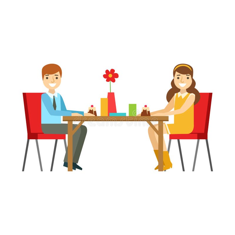 Young Couple On A Date Eating Cakes, Smiling Person Having A Dessert In Sweet Pastry Cafe Vector Illustration
