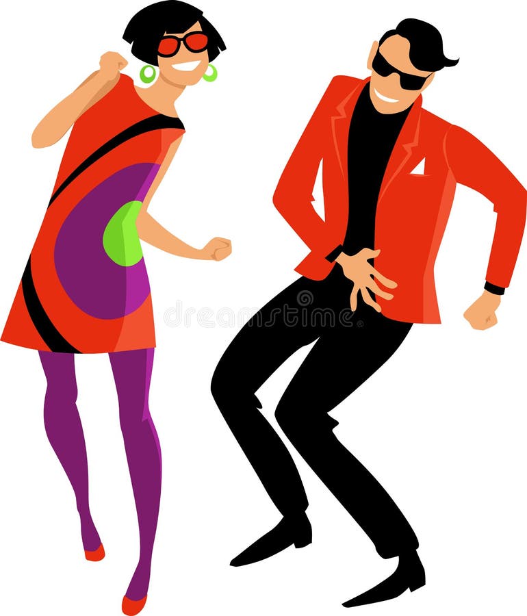Mods dancing the Twist. Young couple dressed in 1960s mod fashion dancing the twist, EPS 8 vector illustration