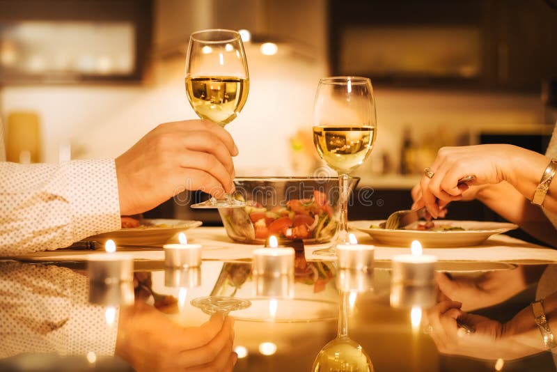 Young Couple Have Romantic Dinner with Wine. Stock Photo - Image of