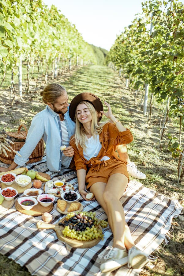 Young Couple Having A Breakfast On The Vineyard Stock Image - Image of ...